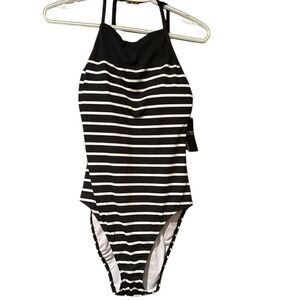 Lauren Ralph Lauren Halter Top Striped One Piece Swimsuit Size 8 Black & White